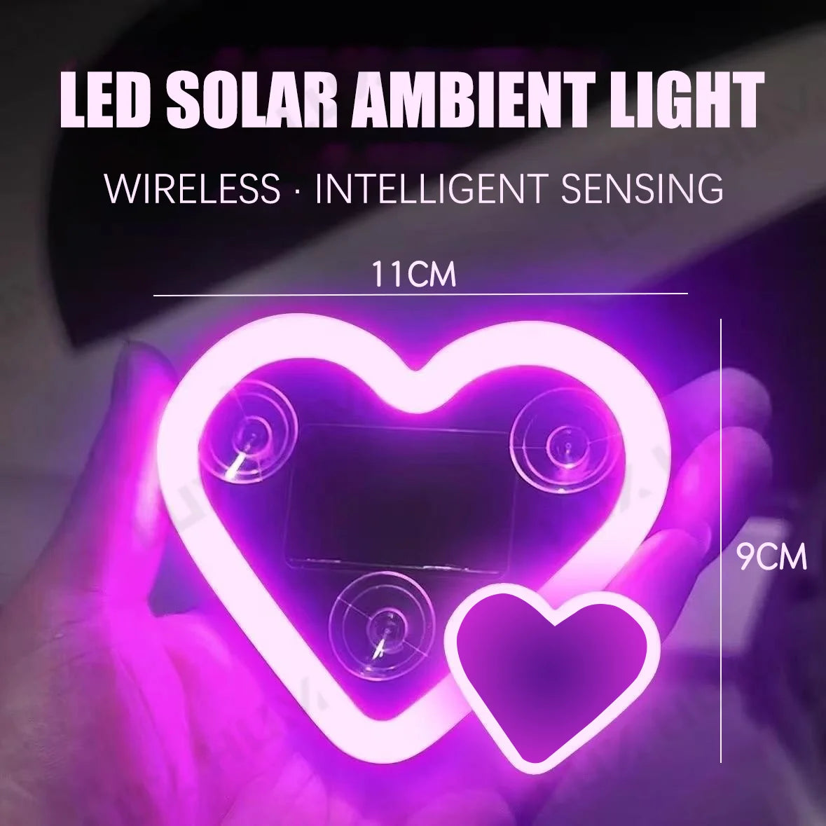 Solar Heart‑Shaped Car Neon Light – Wireless LED Ambient Lamp with Suction Cup & USB Recharge