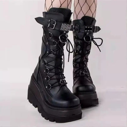 Spring Autumn Black Women Wedge Boots Platform Boots Knee High Motorcycle Boots Black Closed Toe Lace Up Long Boots Large size
