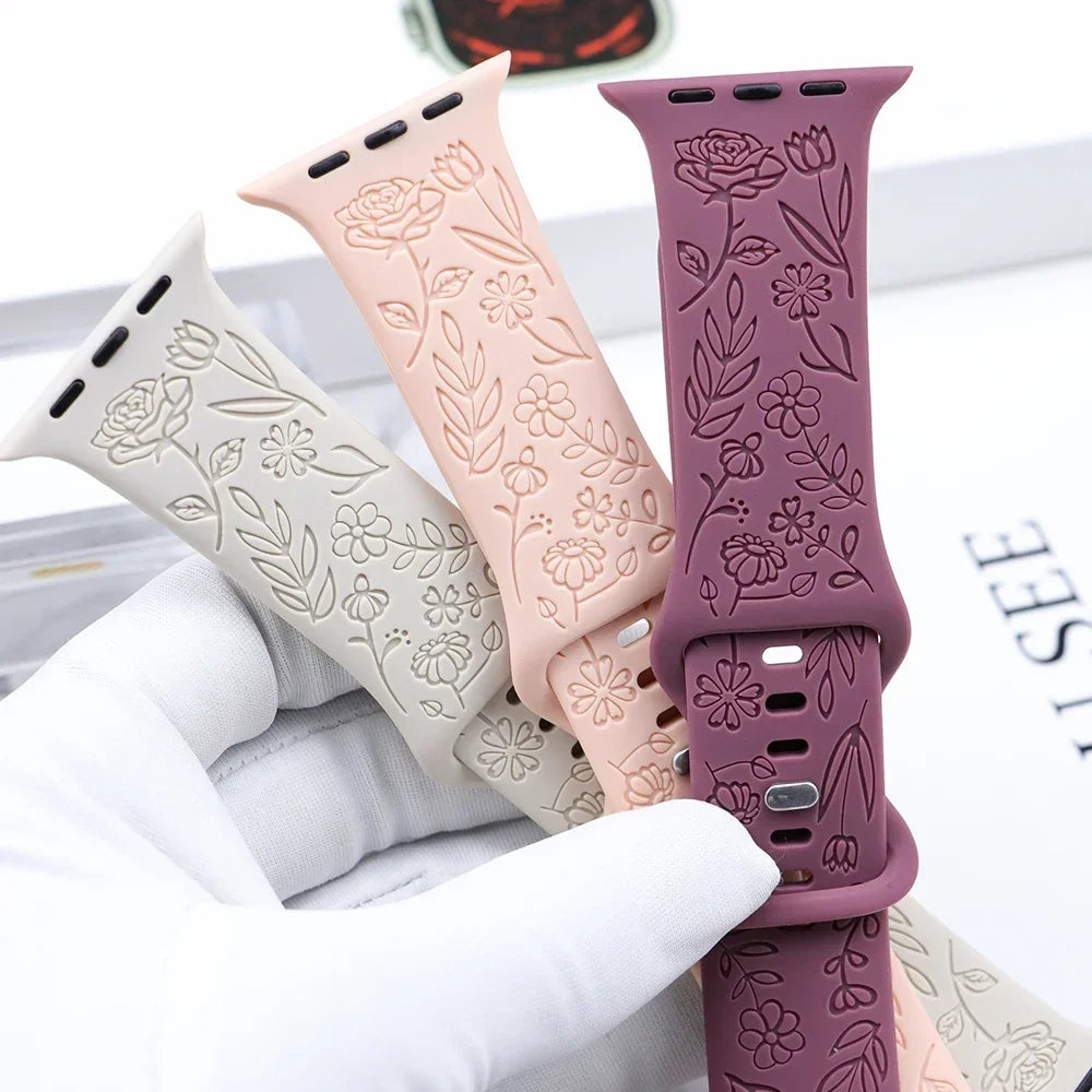 Engraved Strap for Apple Watch Ultra Band 2 49mm 45mm 44MM 38 40mm 41mm Floral Bracelet Fashion IWatch Series 9/8/7/6/5/4/3/se