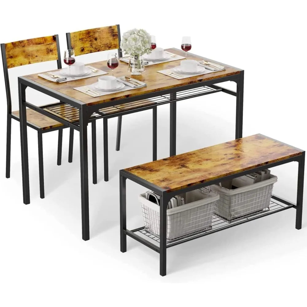 Gizoon Kitchen Table and 2 Chairs for 4 with Bench, 4 Piece Dining Table Set for Small Space, Apartment