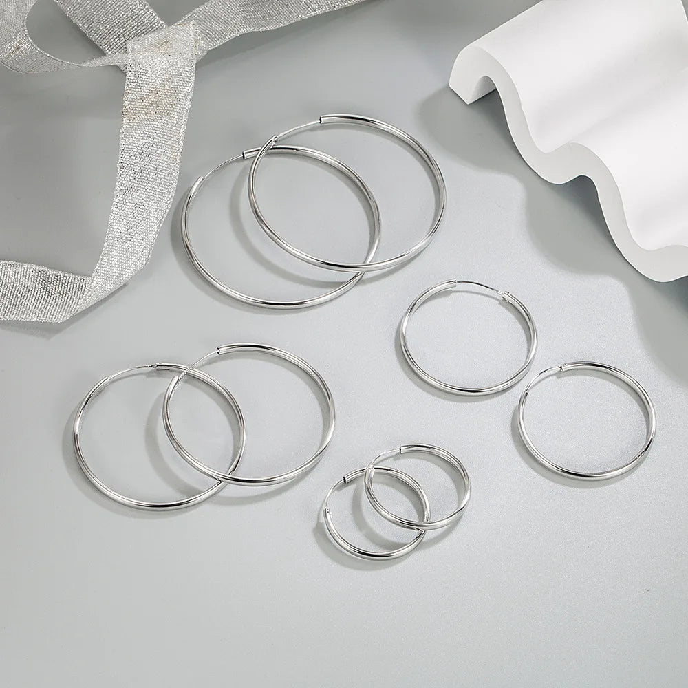 925 Sterling Silver Thick Hoop Earrings – 3mm, 3–6cm Luxury Wedding Jewelry for Women
