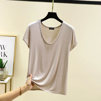 Women’s Plus Size U‑Neck Modal T‑Shirt (L–6XL) – Short Sleeve Solid Color Loose Tee