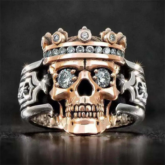 Bohemian Motorcycle Rider Retro Two-color Crown Skull Ring Punk Minimalist Niche Men's White Crystal Rose Skull Eye Ring