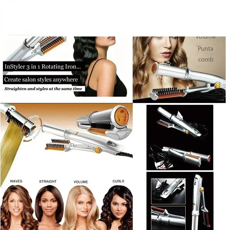 2‑in‑1 Rotating Hair Curler & Straightener Brush – Professional Styling Tool