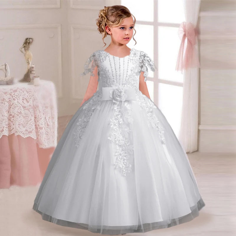 Girl's Elegant Wedding Embroidered Mesh Princess Graduation Party Prom Evening Dress 4–12-Year-Old