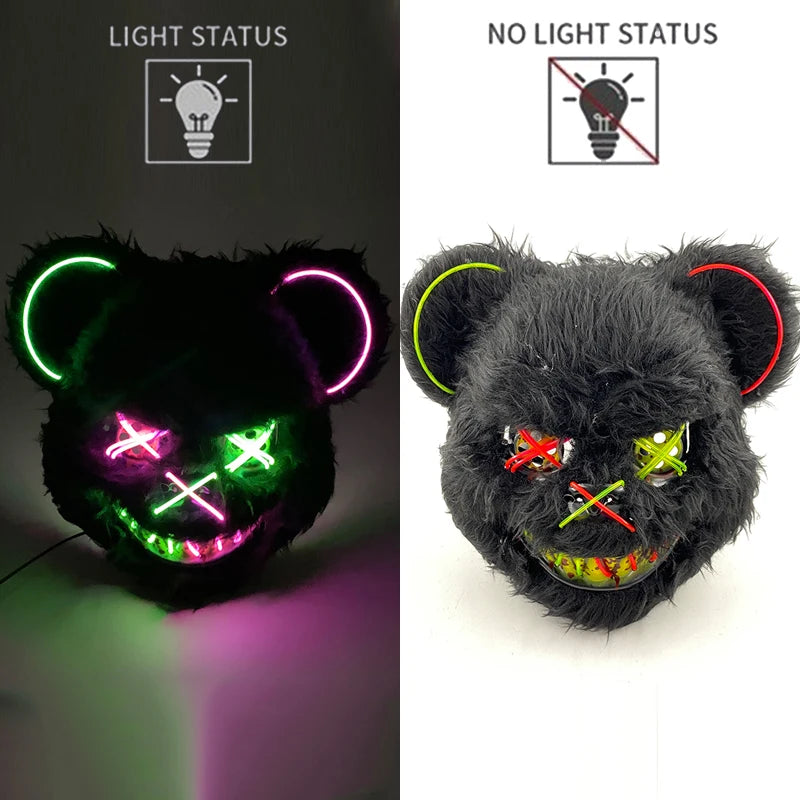 LED Glowing Cosplay Bloody Rabbit Mask Halloween Scary Killer Bloody Bunny Bear Headgear Carnival Masquerade Horror Costume Prop