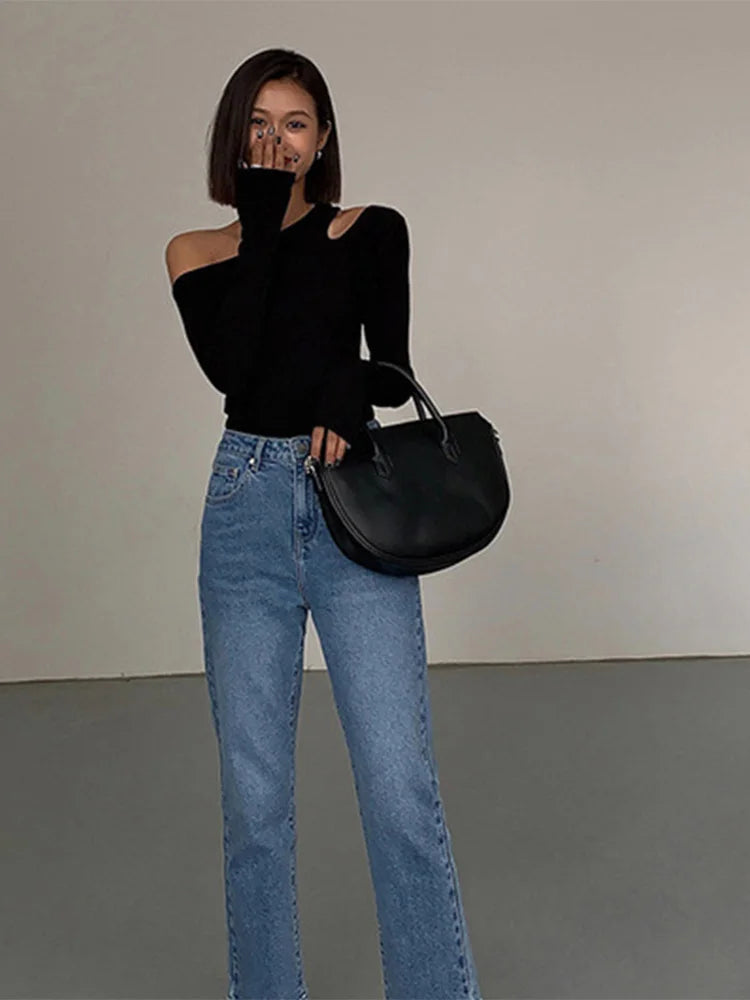 Womens Skew Collar Off-shoulder Long-sleeved Slim Fit Top