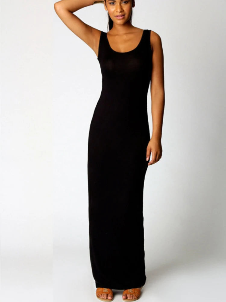 Sexy Solid Color Slim Bodycon Long Maxi Dress Women Elegant Sleeveless Skinny Dress Club Party Vestidos