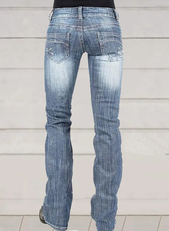 Flare Pants Women Vintage Jeans Embroidery Low Waist Skinny Washed Distressed Streetwear Denims Trousers Floor Length