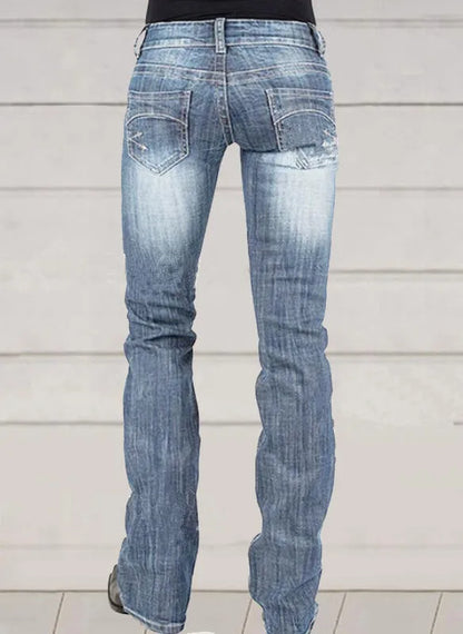 Flare Pants Women Vintage Jeans Embroidery Low Waist Skinny Washed Distressed Streetwear Denims Trousers Floor Length