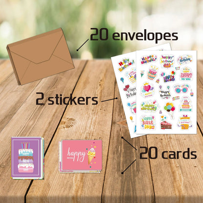 20 Happy Birthday greeting cards with envelopes, perfect for kids and adults. These folded cards are great for handwritten messages and birthday party invitations.