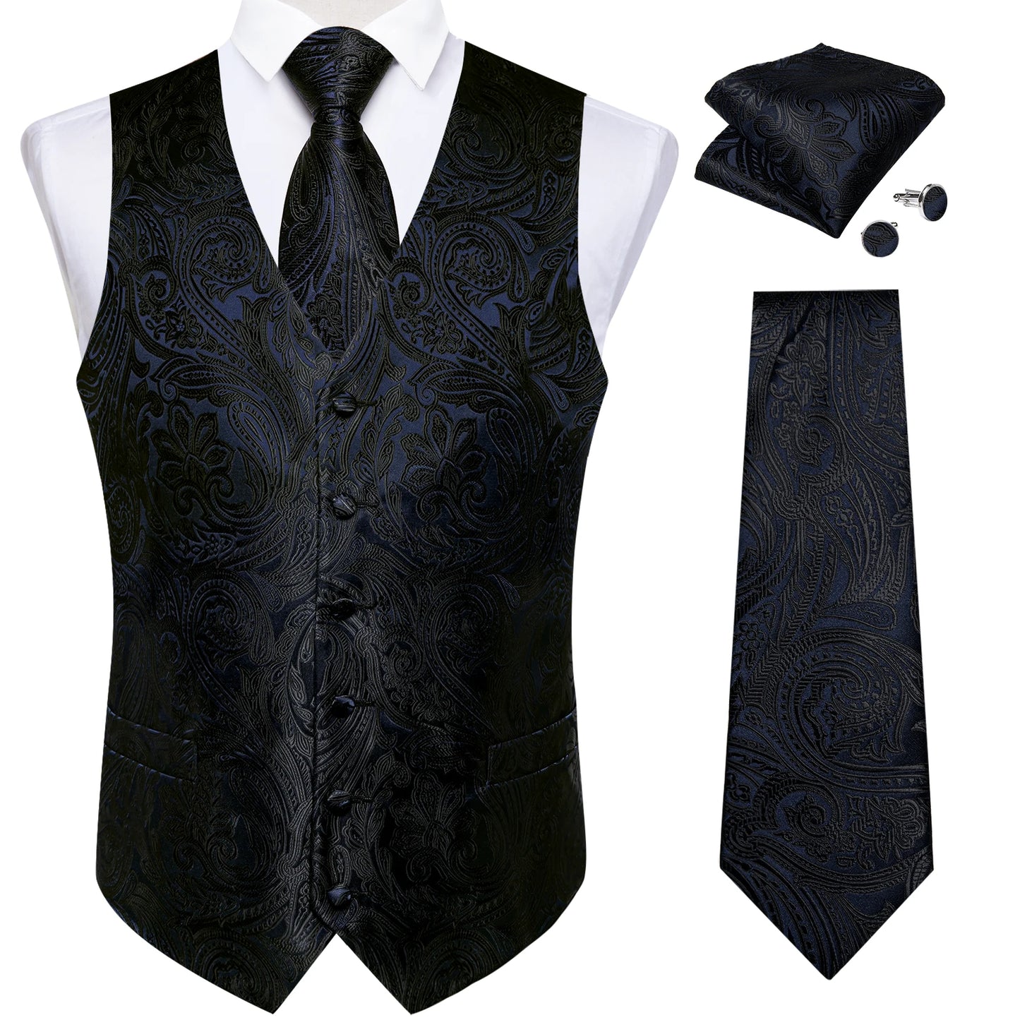 Luxury Paisley Men's Suit Vest Tuxedo Waistcoat Necktie Handkerchief Cufflink Sleeveless Jacket Vest
