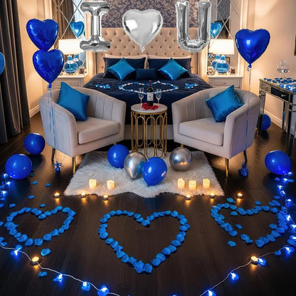 I Love You set Blue Sliver/red balloons kit Include Heart Shaped Balloons and Artificial Rose Petals Kit for Valentines Party