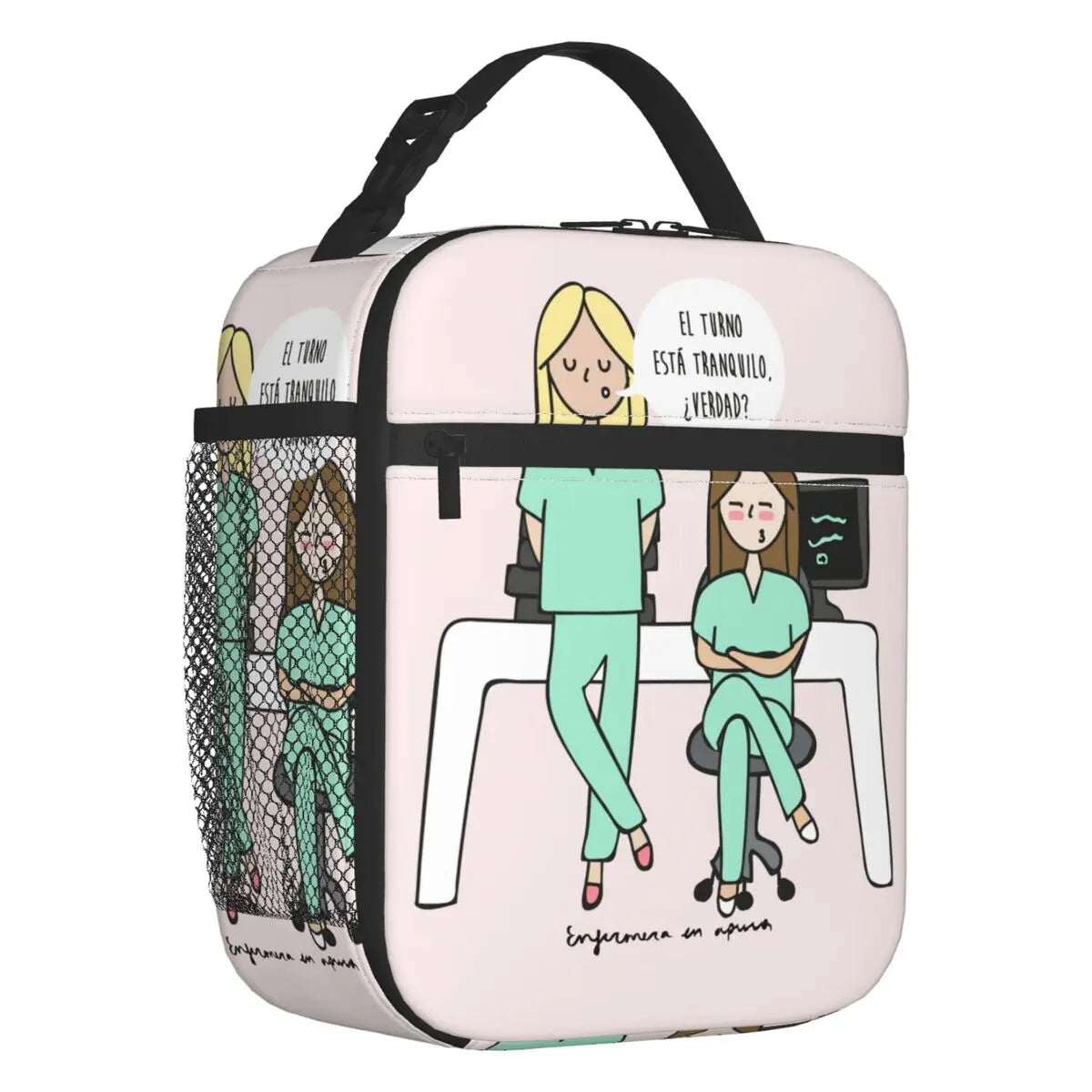 Custom cartoon-printed lunch bag featuring ladies, nurses, and doctors. Thermal insulated, reusable, and multifunctional, perfect for kids' food bento boxes.