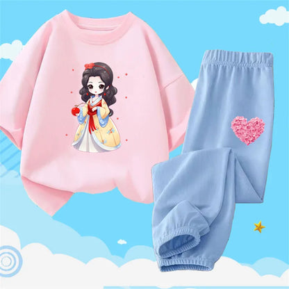 Teens Girls' 2-Piece Fashion Outfit: Princess Short Sleeve T-Shirt and Long Pants Tracksuit Set
