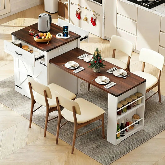 Extendable 76” Kitchen Island Cart — Power Outlet, Spice Rack, 2 Stoppers