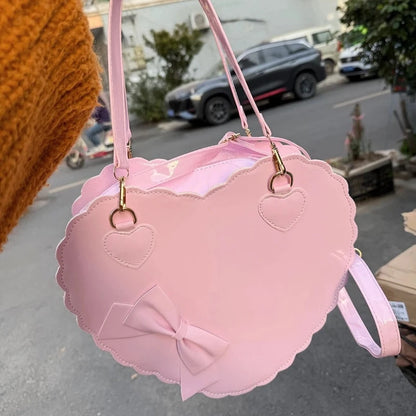 PU Heart Lolita Shoulder Bag – Bowknot Decor Japanese Shell Purse in Two Sizes, Cute Pink Messenger Bag