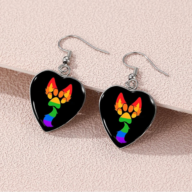 Pride Cat Paw Dangle Earring Heart Shaped Earrings Handmade Glass Dome Jewelry