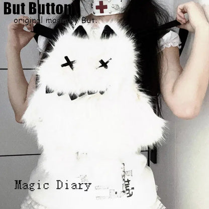 Gothic Lolita Y2K Plush Little Monster Backpack – Black & White Cute School Bag