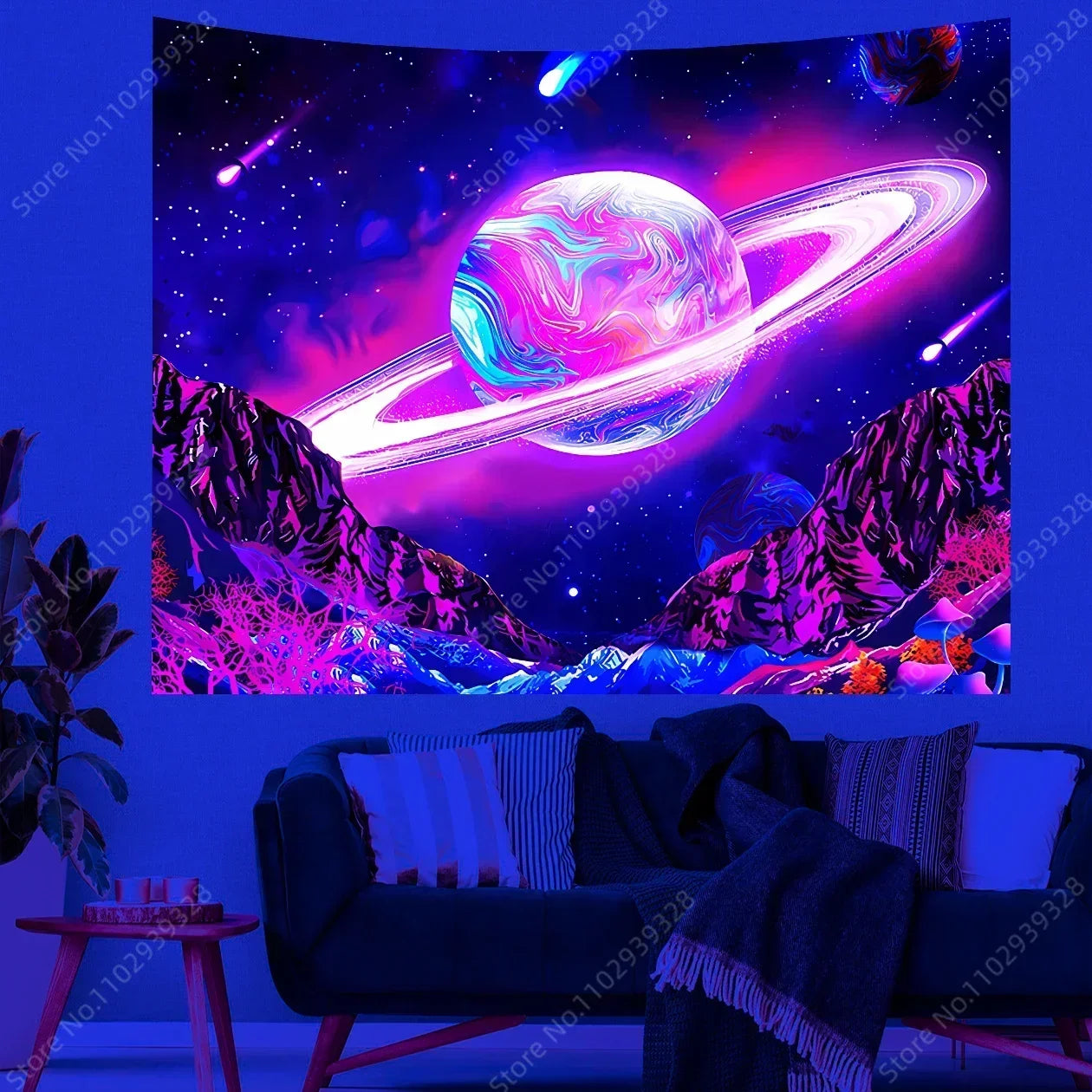 Galaxy Space Landscape UV Reactive Tapestry Trippy Planet Mountain River Neon Art Wall Tapestries for Bedroom Dorm Party Decor
