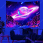 Galaxy Space Landscape UV Reactive Tapestry Trippy Planet Mountain River Neon Art Wall Tapestries for Bedroom Dorm Party Decor