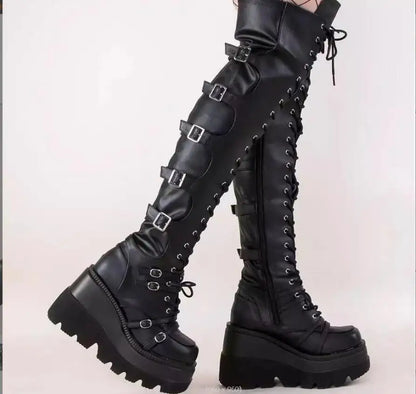 Fashion High Boots Women Platform Wedges Motorcycle Boot Over The Knee Army Stripper Heels Black Lace-up Belt Buckle Long Boots