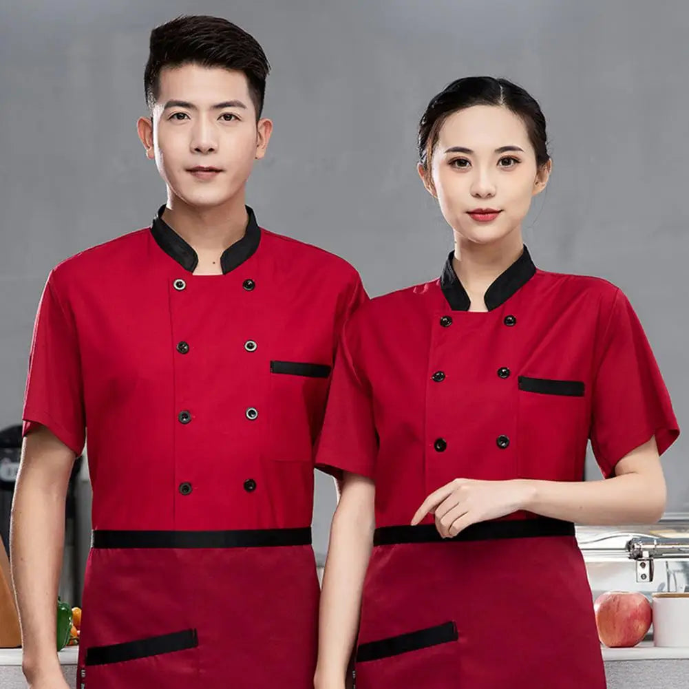 Kitchen Chef Uniform Bakery Food Service Cook Mesh Back Stand Collar Short Sleeve Shirt Breathable Double Breasted Chef Clothes