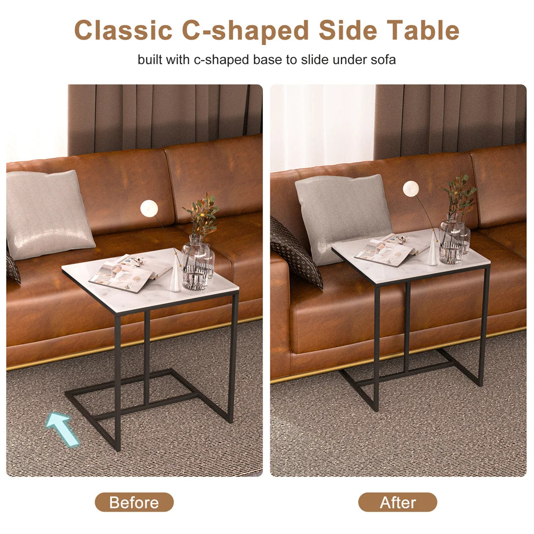LUVODI Modern C Shaped Sofa Side Table Small Marble Laptop Corner Coffee Table with Metal Frame