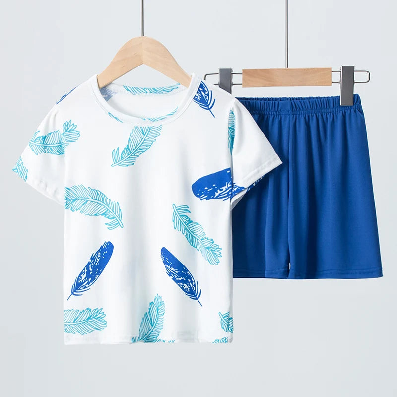 2 Pcs Children's Fun Printing Multicolor  Short Sleeve Shirt & Shorts Set