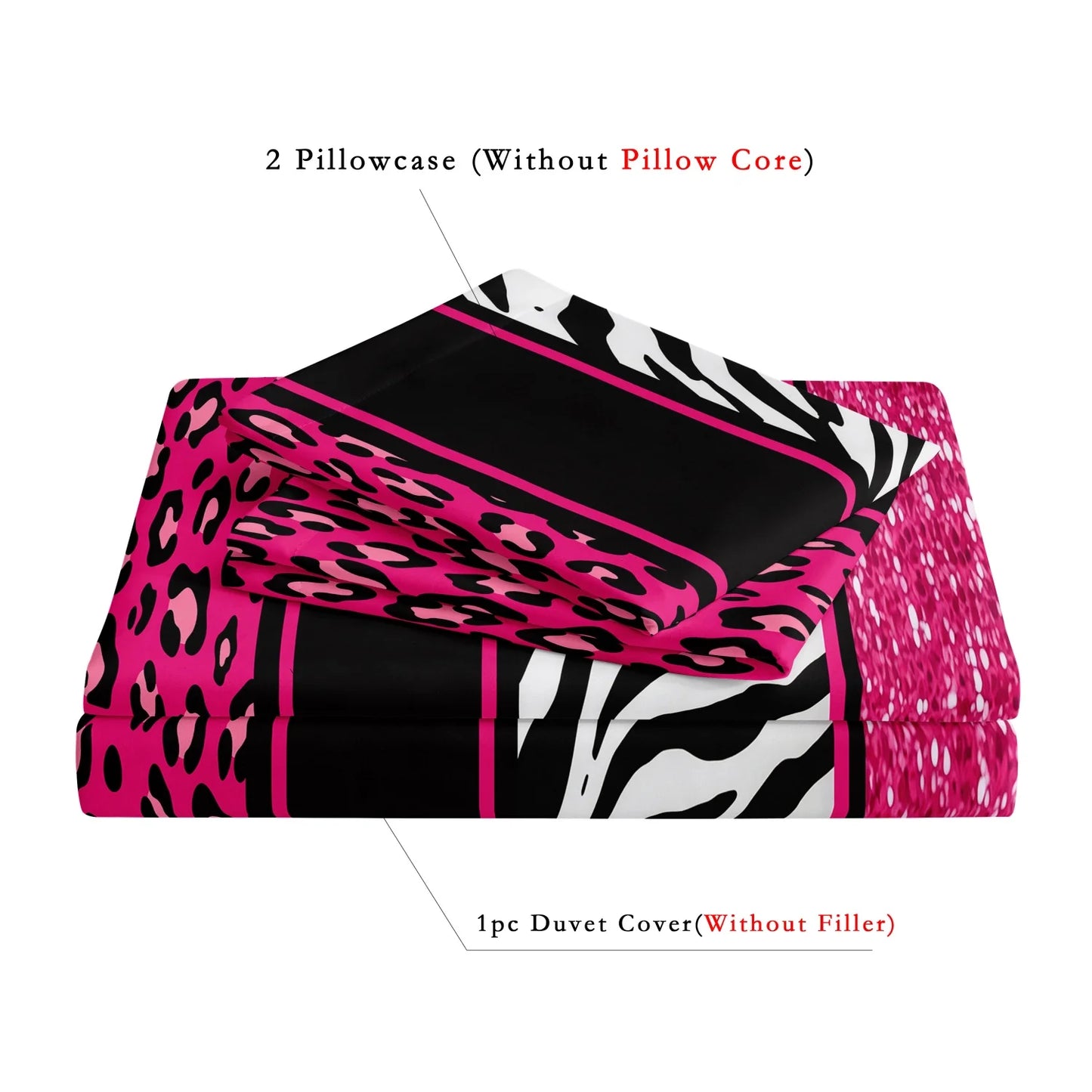 3pcs Duvet Cover Set in Red Leopard Print, Rose Red, and Black Zebra Stripe with Shiny Finish. Fashionable, Soft and Comfortable