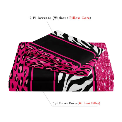 3pcs Duvet Cover Set in Red Leopard Print, Rose Red, and Black Zebra Stripe with Shiny Finish. Fashionable, Soft and Comfortable