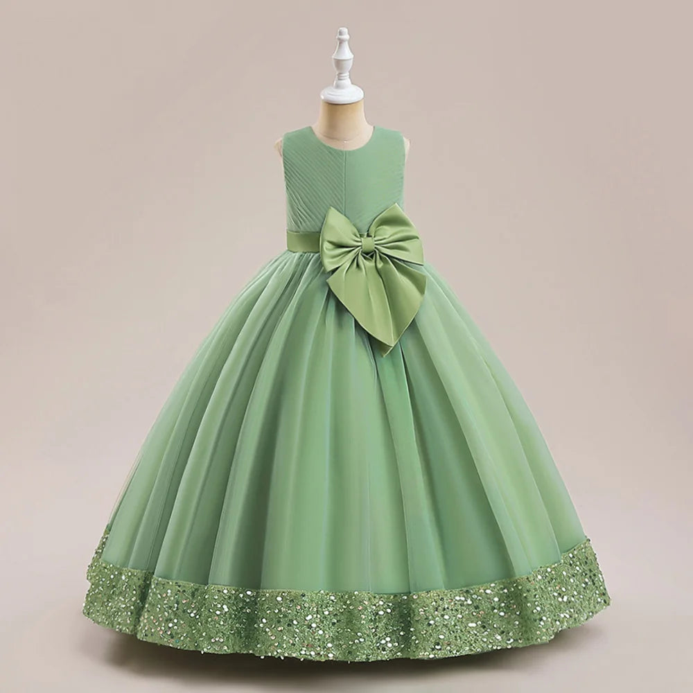 Girls Fluffy Sequin Bridesmaid Princess Elegant Bow Wedding Prom Evening Party Dresses