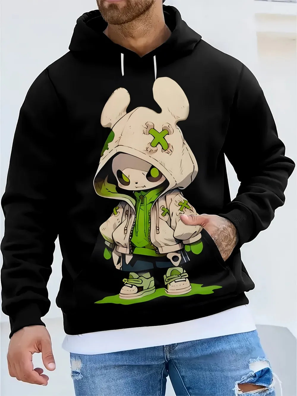 Men's fashion cartoon character print soft, comfortable, breathable hooded sportswear