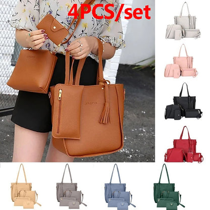 4pcs/set Ladies Leather Bag Set Polyester Shoulder Bag Handbag Messenger Bag Set 9 Colors