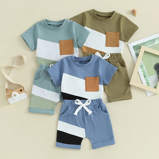 2024-01-30 Lioraitiin Toddler Boys Shorts Set Contrast Color Short Sleeve T-shirt with Elastic Waist Shorts Set Summer Outfit