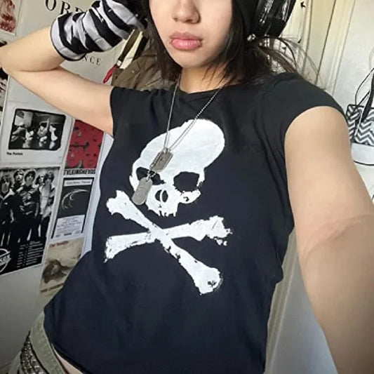 Vintage Grunge Graphic Print Gothic Skull Punk Streetwear Women's T Shirt