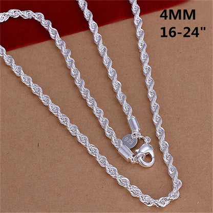 925 Sterling Silver Rope Chain Necklace – 4mm, 16–24in Unisex Fashion Jewelry