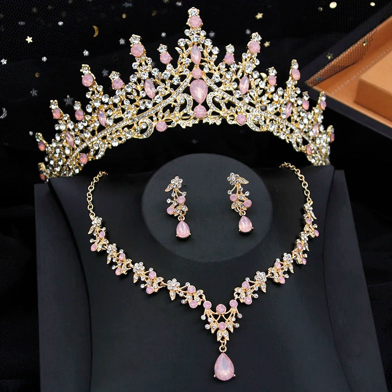 Luxury Silver Color Opal Water Drop Crown Bridal Rhinestone Tiaras and Necklace Earrings Jewelry Set