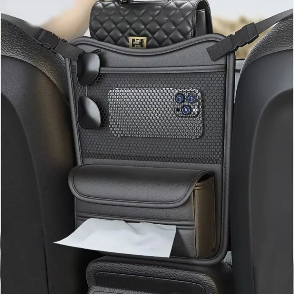 Double Side Storage Car Seat Storage Bag With Tissue Box Mesh Pockets Central Control Storage Pocket Space Saving
