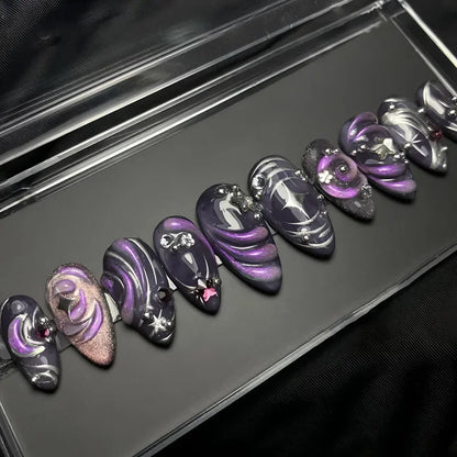 24Pcs False Full Cover Press on Nail Tips Purple Heart Almond  with Glue