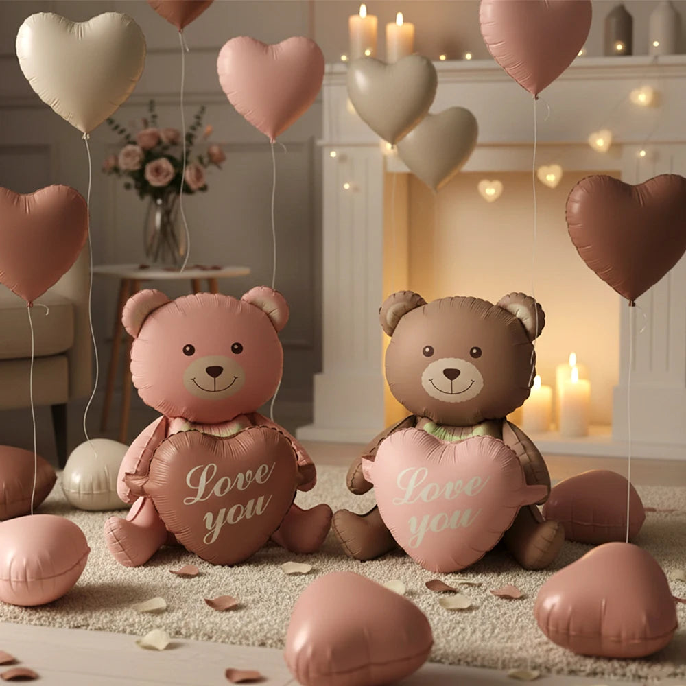 Matte Pink Brown Lying Bear Foil Balloons Love Heart Balloon for Valentines Day Decoration Bear Themed Birthday Wedding Supplies