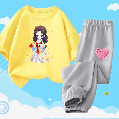 Teens Girls' 2-Piece Fashion Outfit: Princess Short Sleeve T-Shirt and Long Pants Tracksuit Set