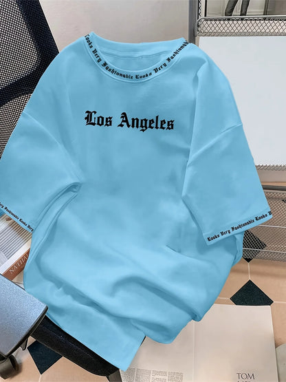 Men's Oversized Los Angeles Letter Print T-Shirt Polyester Summer Breathable Fabric Stylish Minimalist Short-Sleeve Design