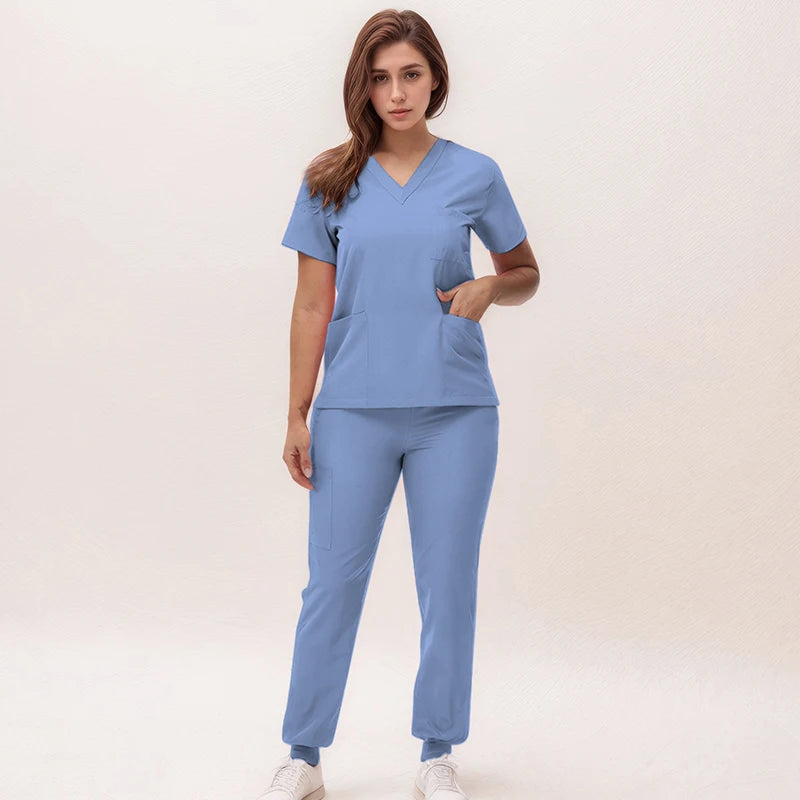 Stretchy Nurse Uniforms V-neck Top Jogger Pants Scrub Sets Surgical Workwear Dentist Nursing Suit Hospital Doctor Outfit S21