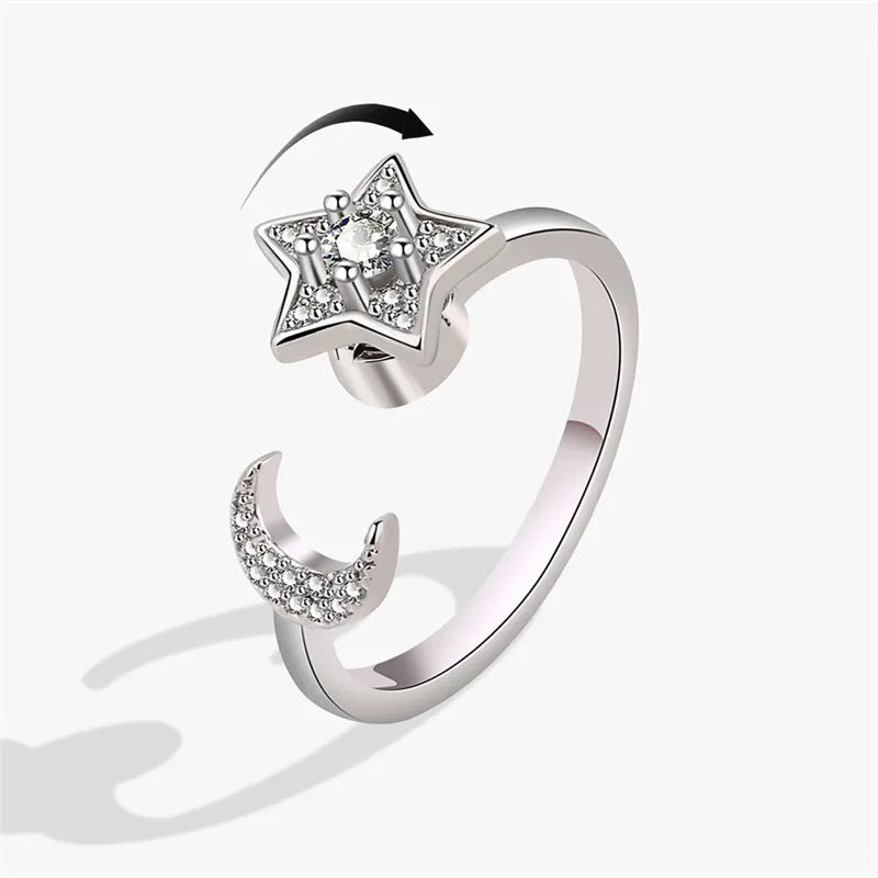 Fashion Beads Anxiety Fidget Spinner Rings Korea Crystal Butterfly Flower Star Moon Ring Anti Stress Jewelry Gift