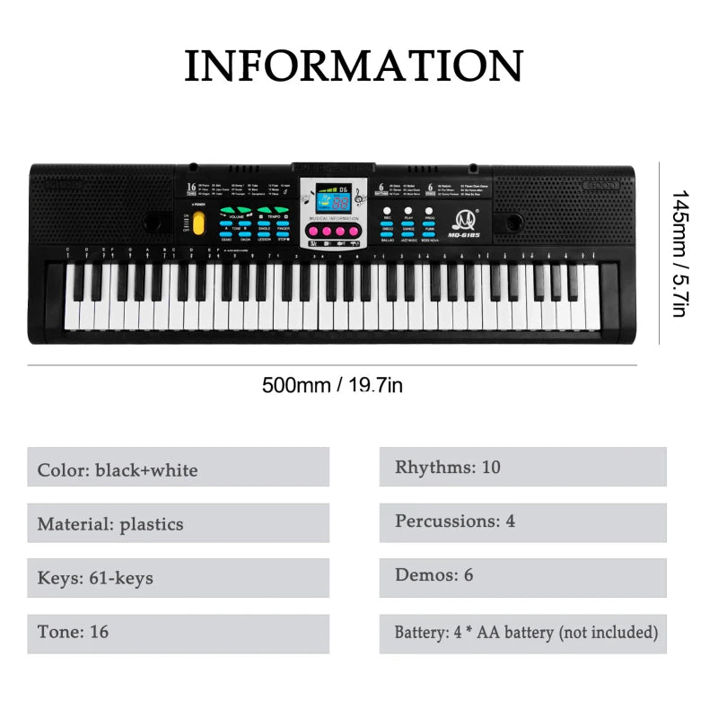61‑Key Kids Digital Keyboard – Multifunction Electric Piano with Microphone for Beginner Students