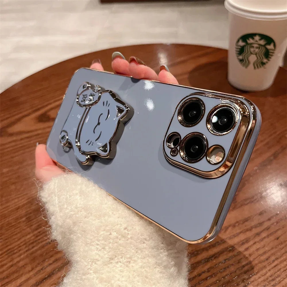 Lucky Cat Folding Stand Silicone Phone Case for iPhone 16 15 14 Pro Max 13 12  Plus XR  Max 11 Luxury Plating Case