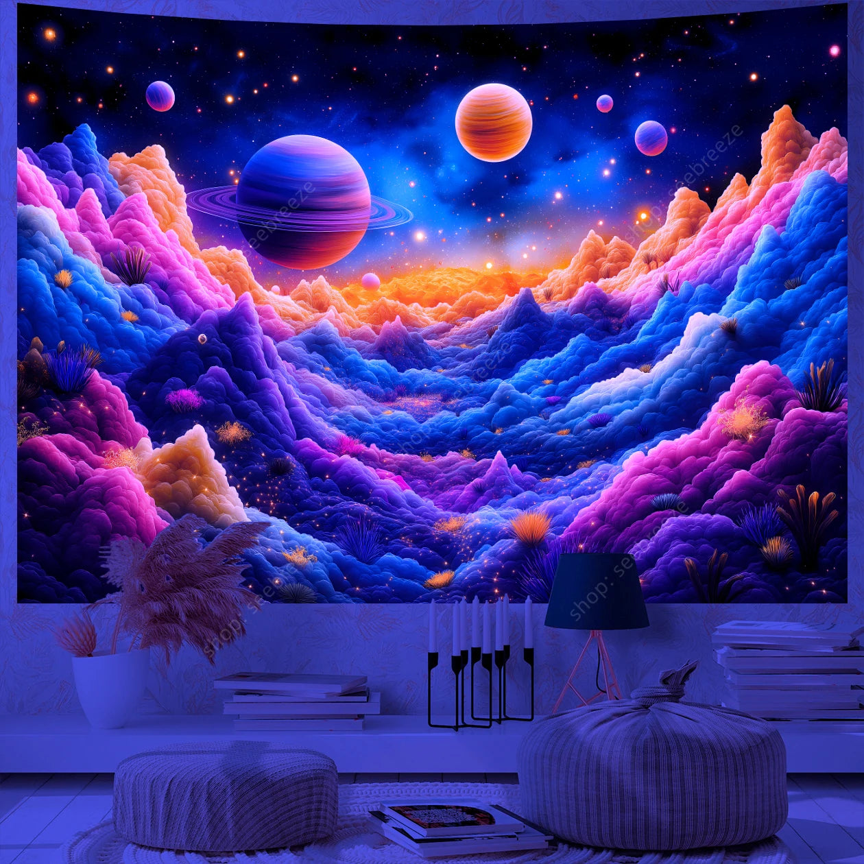 Galaxy Space Landscape UV Reactive Tapestry Trippy Planet Mountain River Neon Art Wall Tapestries for Bedroom Dorm Party Decor