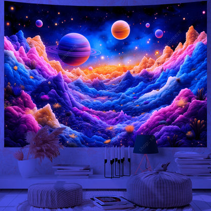 Galaxy Space Landscape UV Reactive Tapestry Trippy Planet Mountain River Neon Art Wall Tapestries for Bedroom Dorm Party Decor