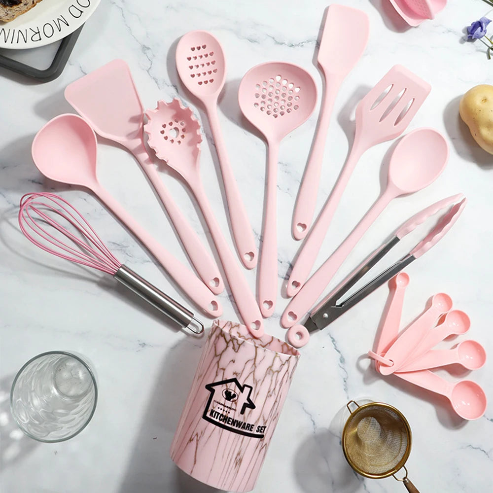Pink 18Pcs Food Grade Silicone Kitchen Cookware Utensils Set